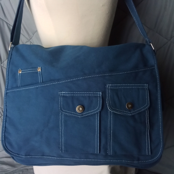 Women's Blue Satchel Crossbody Utility Bag with Blue & Pink Floral Design Lining - Picture 4 of 13